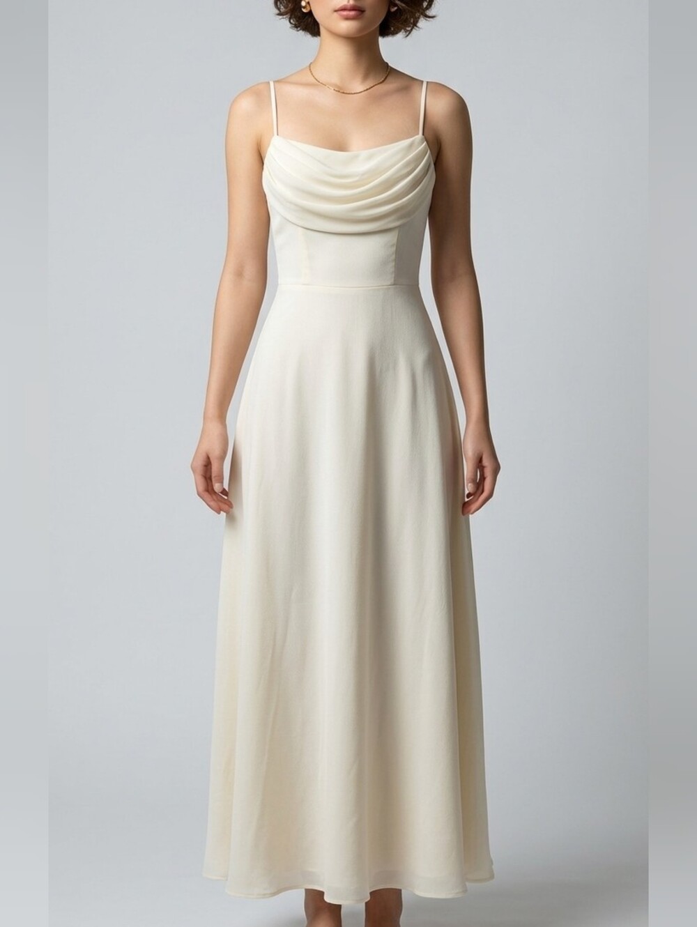 Ivory Spaghetti Strap Dress with Draped Chiffon Front